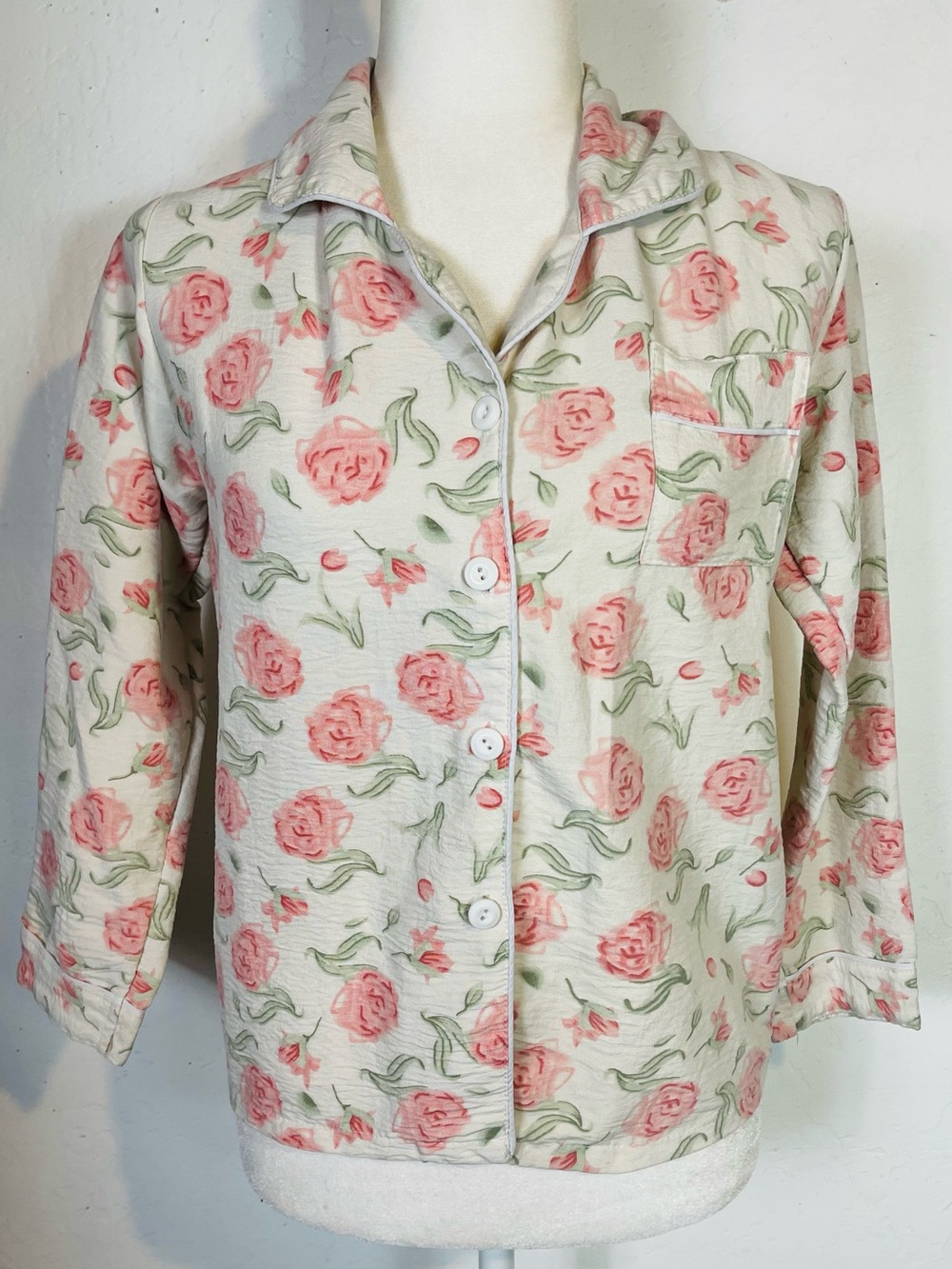 Women's Size XS Button Down Pajama Sleep Wear Shirt Top Floral Pink White